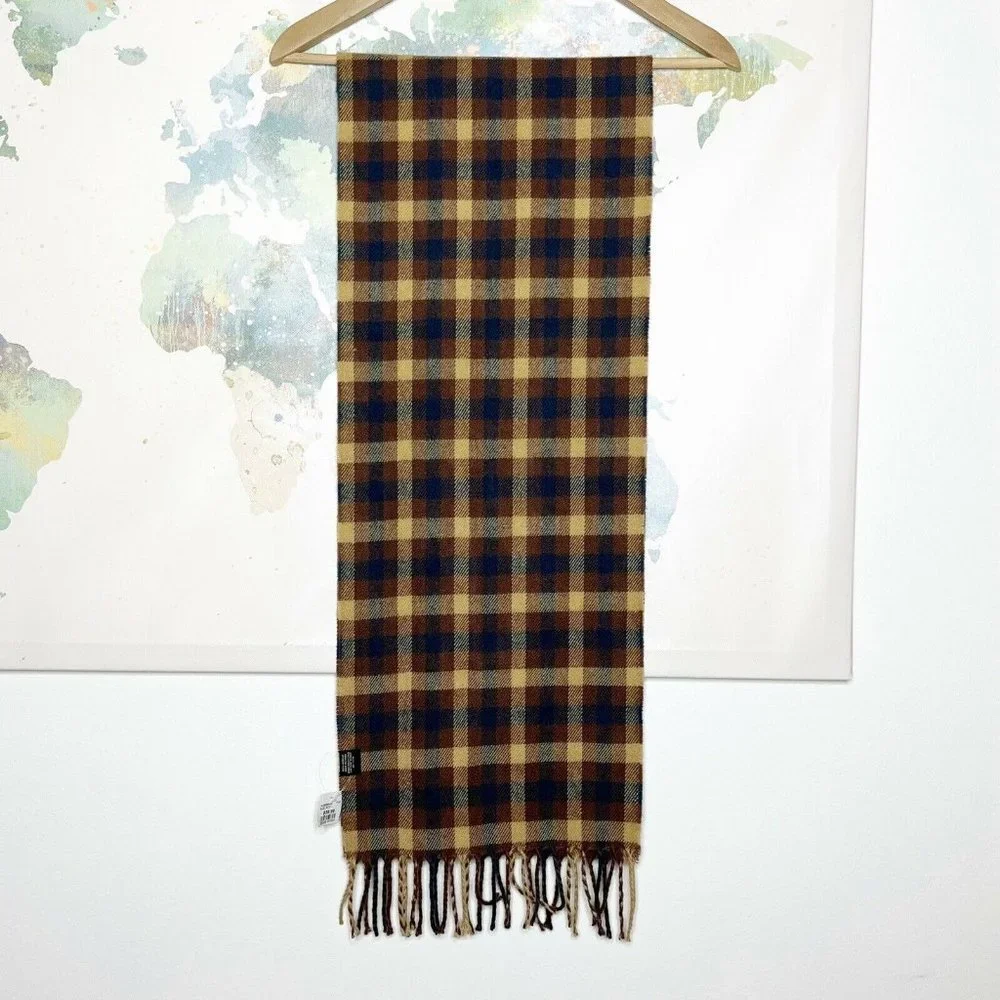 Pronto Uomo Men’s Scarf Brown Blue Plaid Fringe Acrylic NWT $40